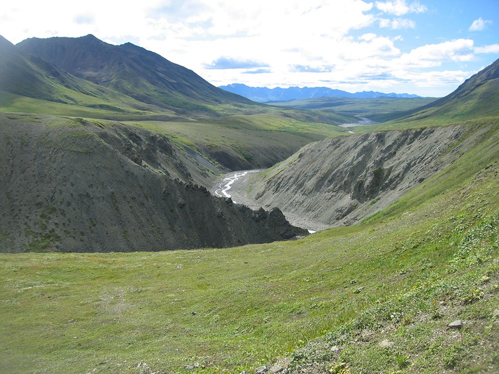A river canyon surroungded by cliffs and tundra.