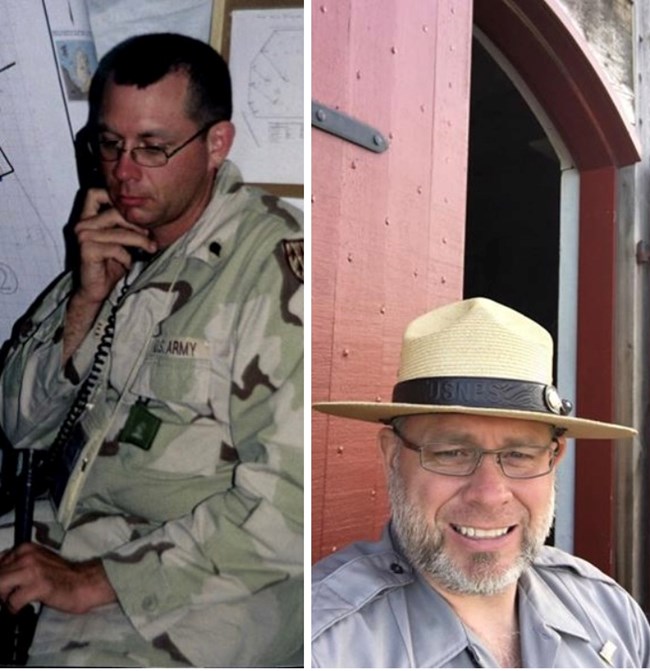 Two images side by side, on the left a man in military uniform using the phone, and on the right, the same man wearing an NPS uniform