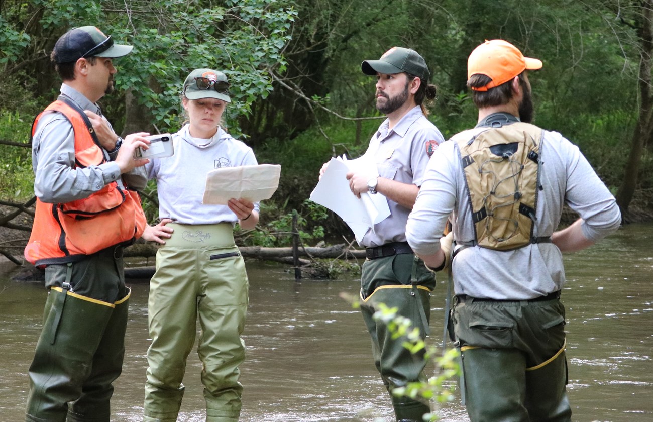Survey feasibility discussion four people talking by a stream