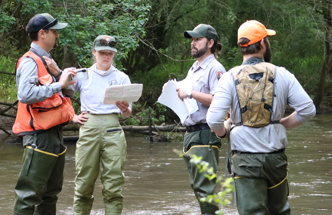 Survey feasibility discussion four people talking by a stream