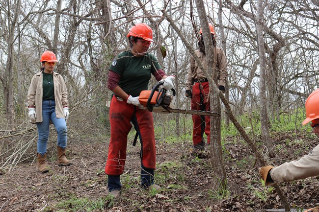 Apprentice Yukary pulls the cord to start a chainsaw in a wooded area.
