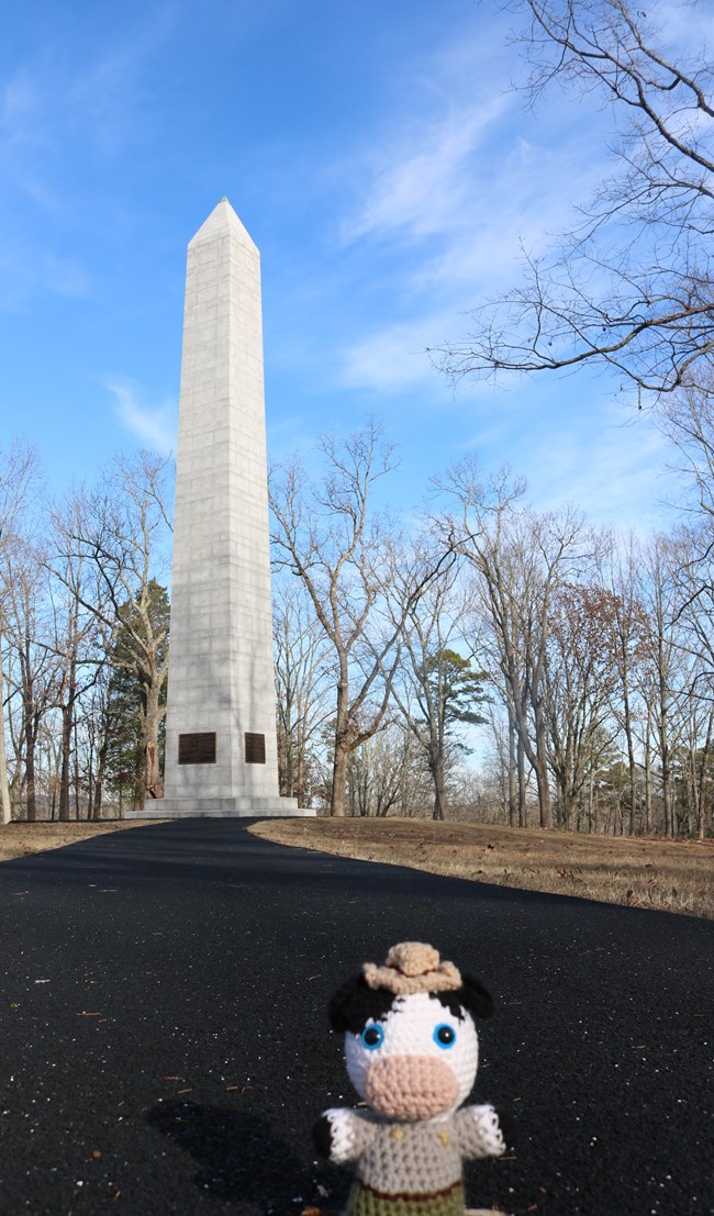 Ranger Cow stands on black path leading to US Monument