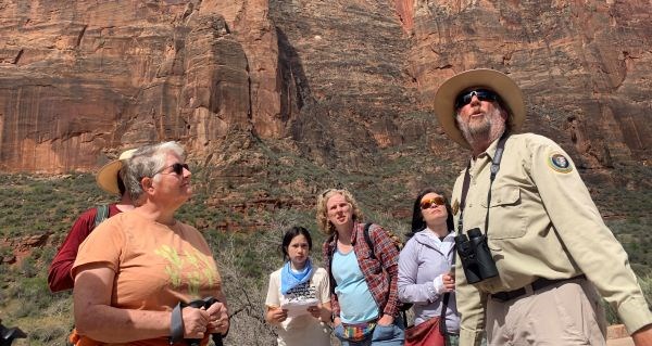 A member of the Zion Condor Team speaks to visitors at the park.