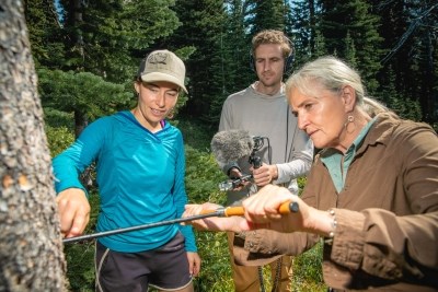 A photo of two women working with a tree and a young man holding an audio recorder.