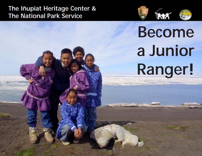 An image of a publication. The title is "Become a Jr. Ranger, and shows 6 Alaska Native children on the beach smiling.