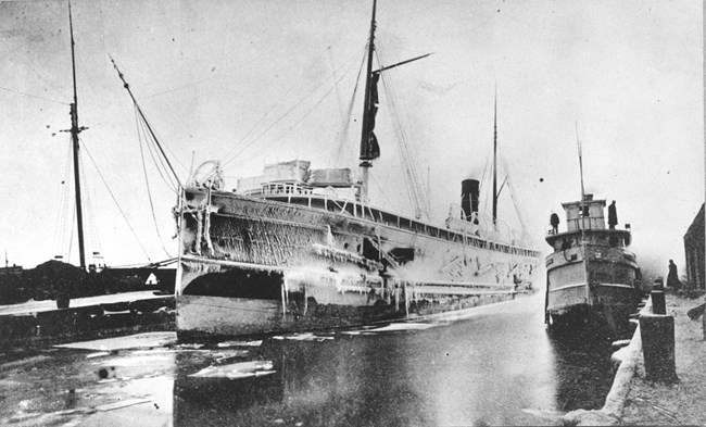 SS Algoma docked and covered in ice