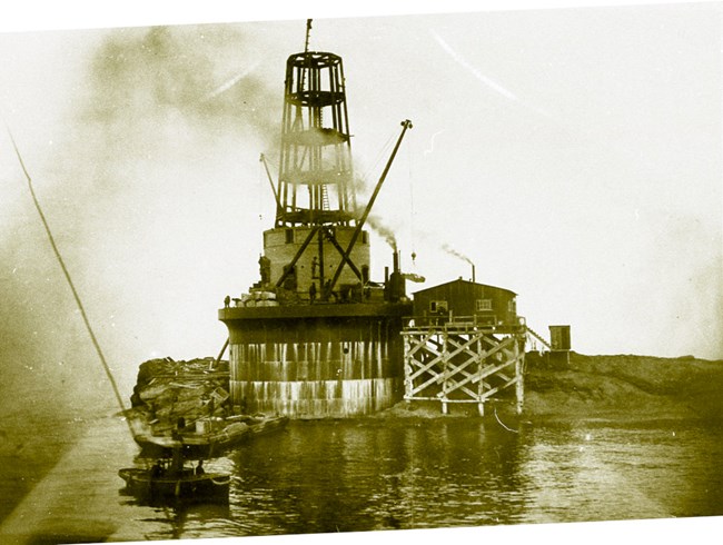 first couple floors of the 117 ft Rock of Ages lighthouse being constructed
