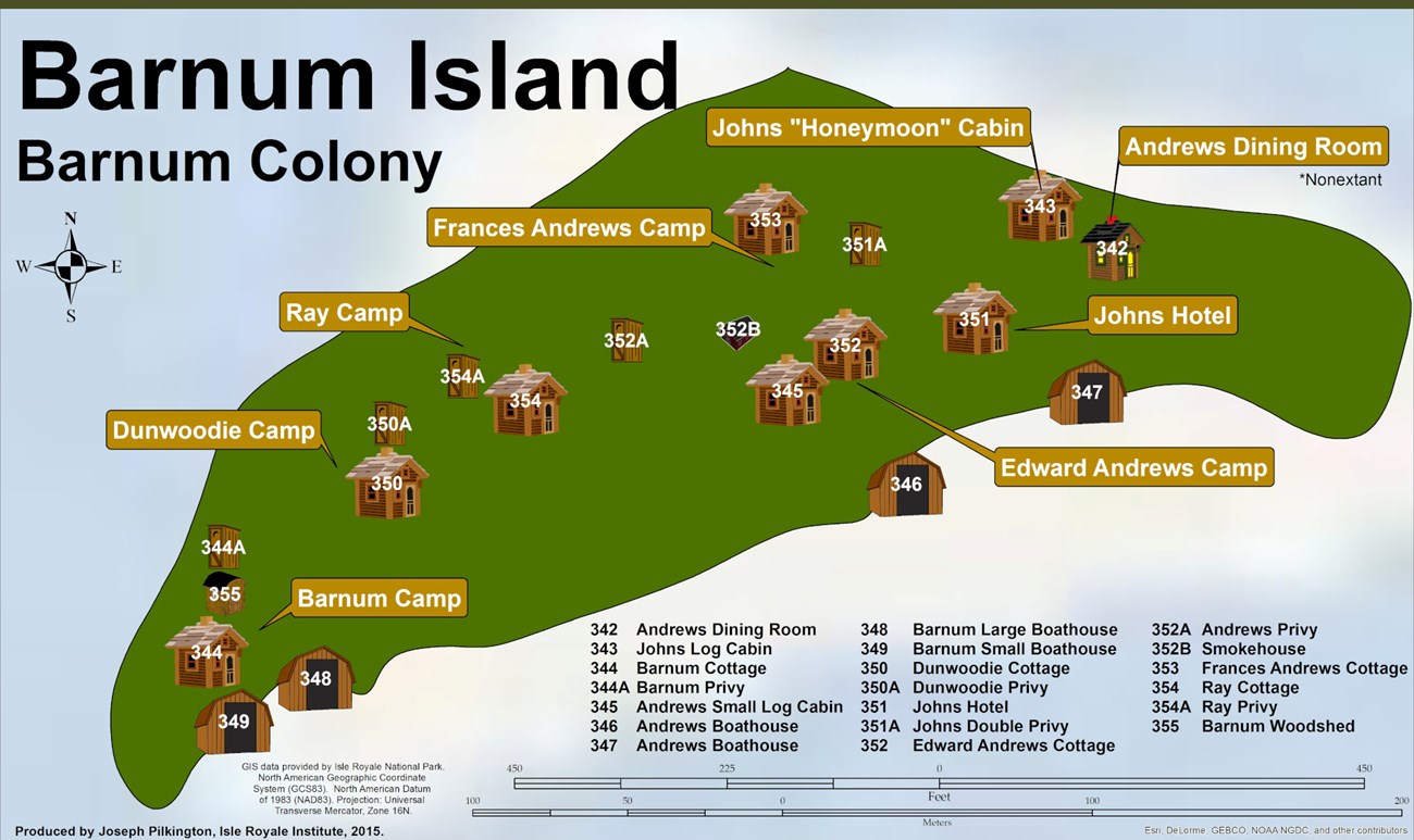 Barnum Colony Map map depicting the 20 structures (cabins, dining rooms, sheds) spread across 6 camps on Barnum Island