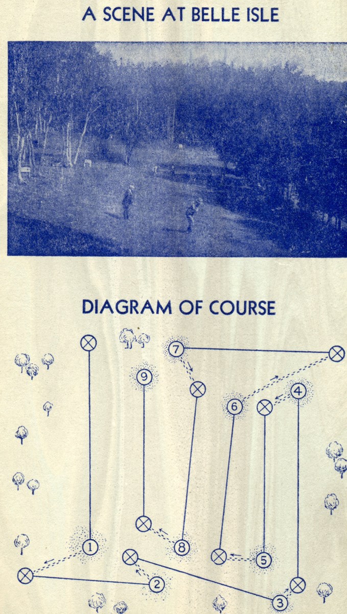 map of 9 hole golf course on Belle Isle, hard to discern photo atop with a few golfers playing