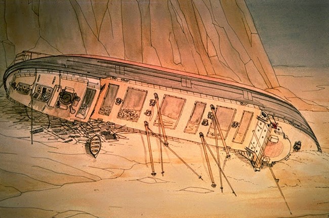 artist sketch of SS Kamloops turned on its side on the bottom of lakebed