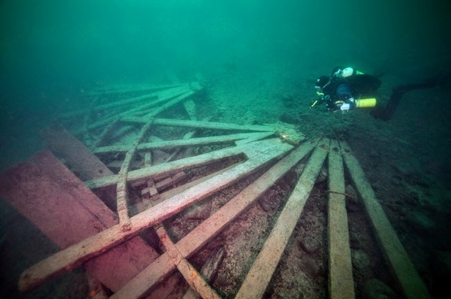 diver inspecting the side-wheel of the SS Cumberland