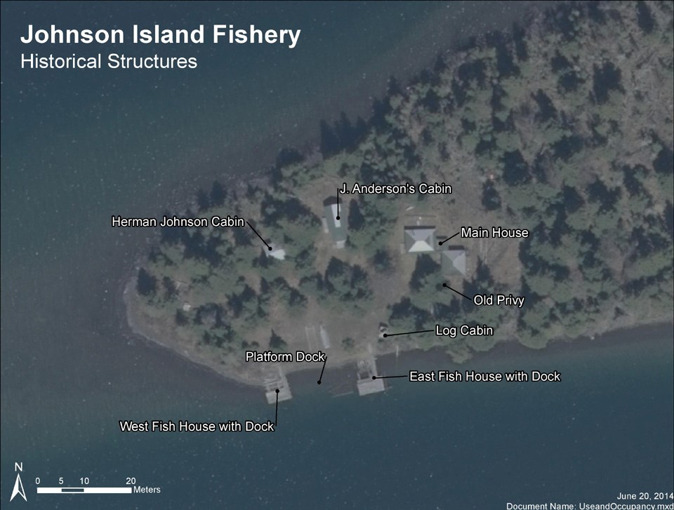 map of Johnson-Anderson fishery site containing 2 cabins, a house, an old privy, a log cabin, and 3 docks