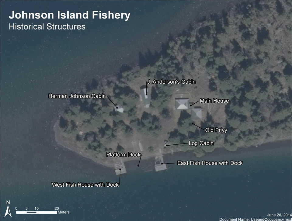 Johnson/Anderson Map map of Johnson-Anderson fishery site containing 2 cabins, a house, an old privy, a log cabin, and 3 docks