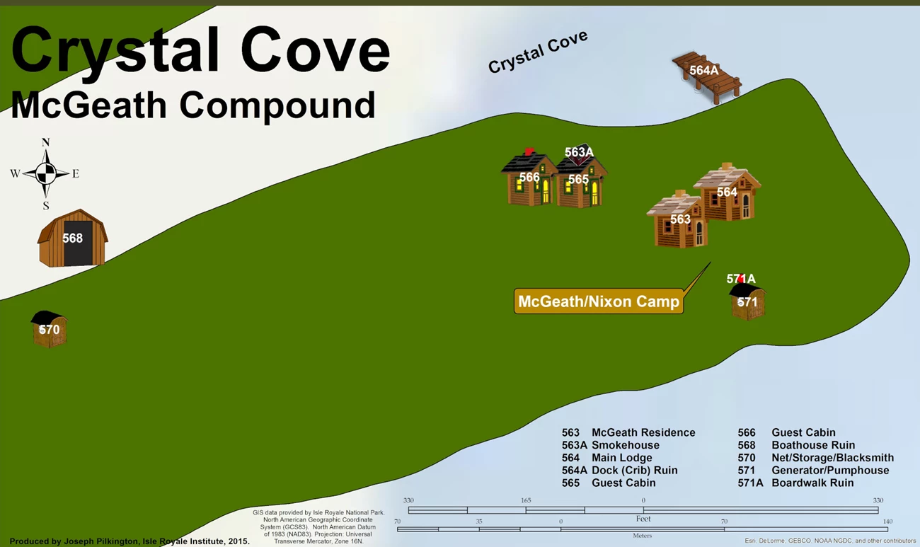 McGeath Compound map of McGeath compound, locating 3 guest cabins on the easternmost side and two residences further west