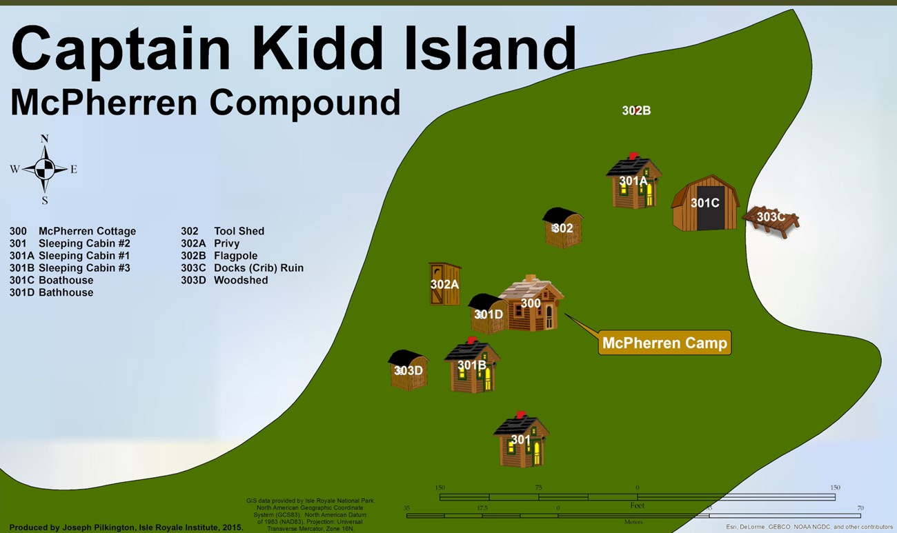 map depicting 3 cabins, a cottage, and various outbuildings including a bathhouse