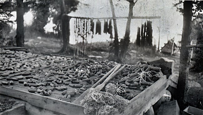 table filled with net floats and fishing gear