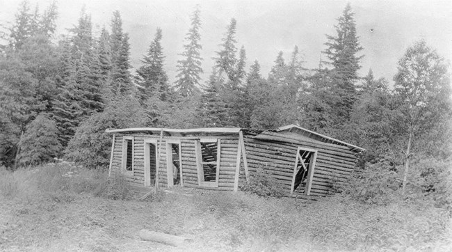 Malone Fishery dilapidated cabin, roof completely fallen in