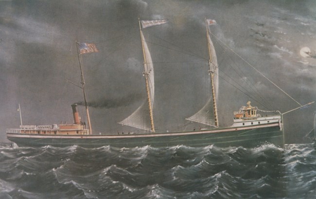 painting of the SS Henry Chisholm navigating rough seas under a moonlit sky