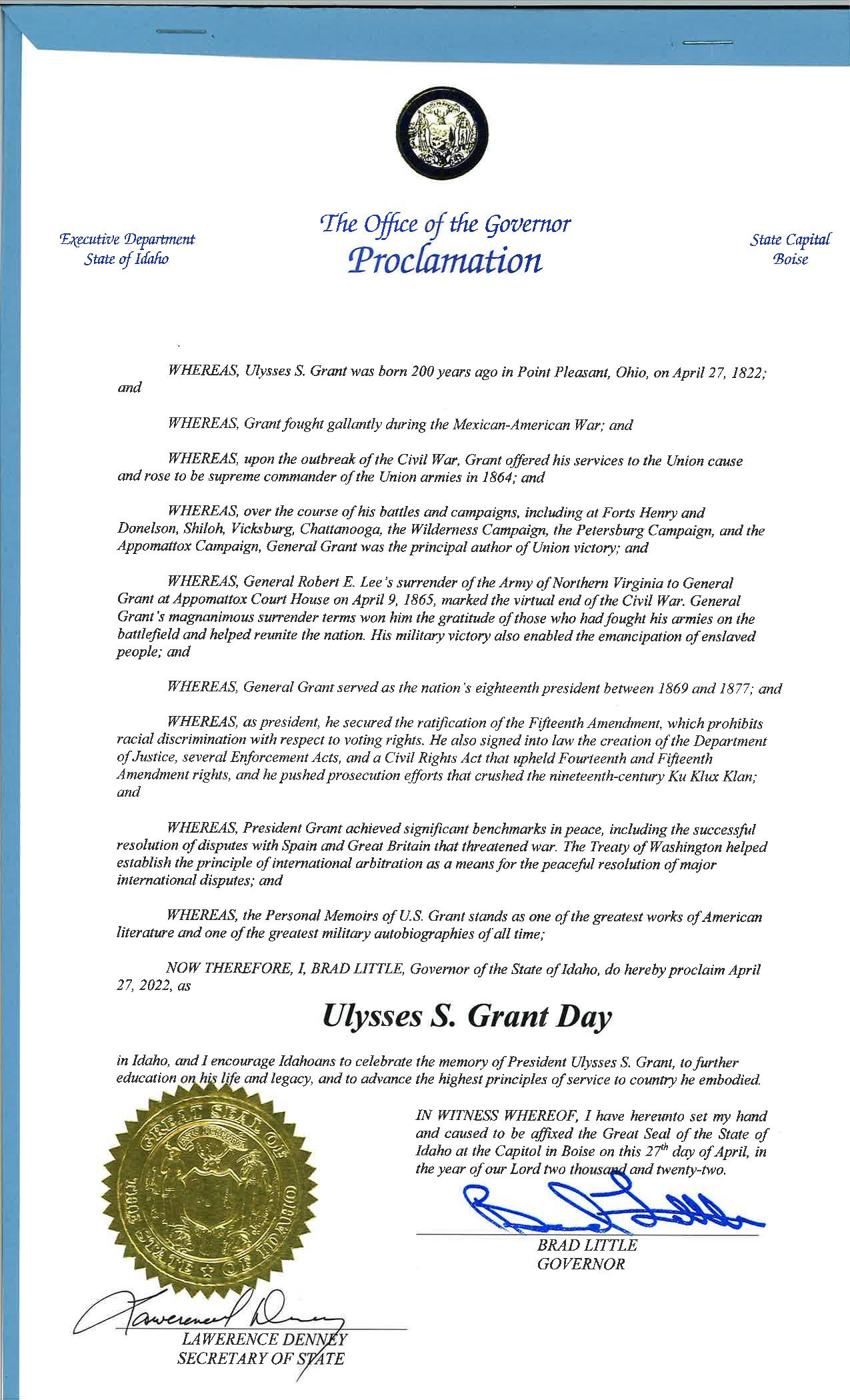 Grant 200th Message from Idaho