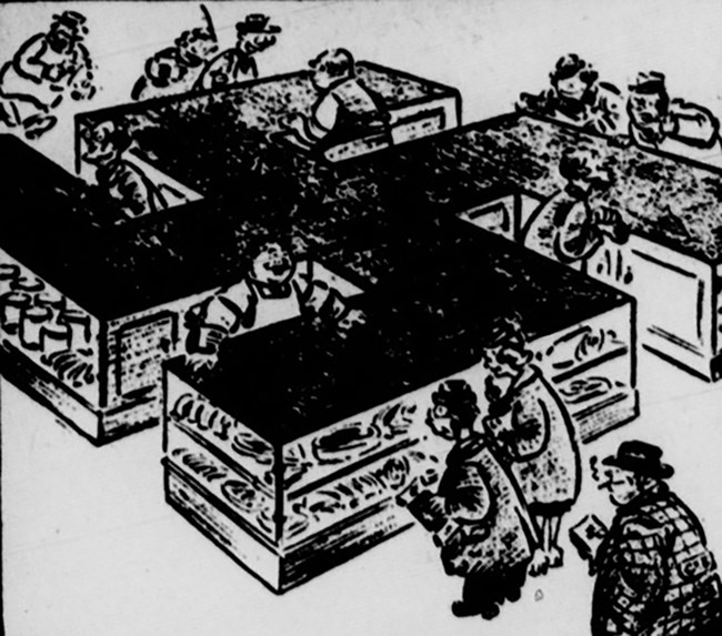 Black and white newspaper editorial cartoon of people shopping at a swastika-shaped counter.