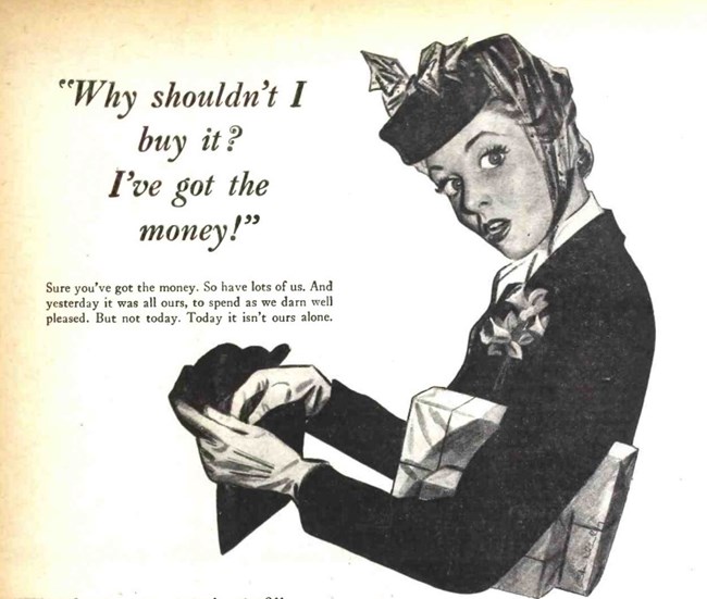 A well-dressed white woman in a hat, gloves, and with parcels under her arm reaches into her purse, and looks at the reader.