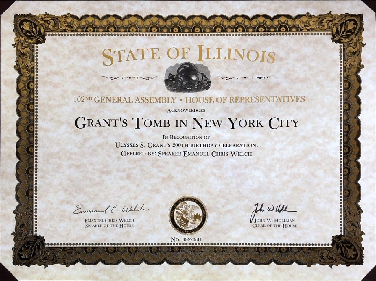 Certificate from Illinois House of Representatives honoring Grant's 200th birthday. The seal of Illinois is centered on the bottom of the page.