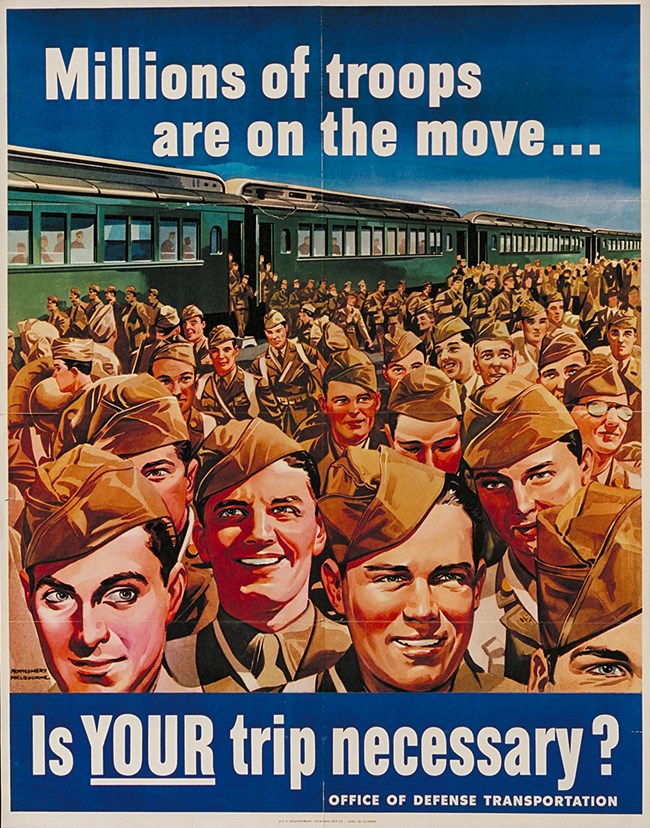 Graphic color poster. A large crowd of uniformed men stream off of passenger train cars. The train is deep green. The sky is deep blue.