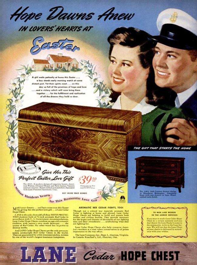 Illustrated color full-page ad featuring a white couple, he in uniform, looking off to the left towards the image of a single family home. In front of them is a depiction of a hope chest.