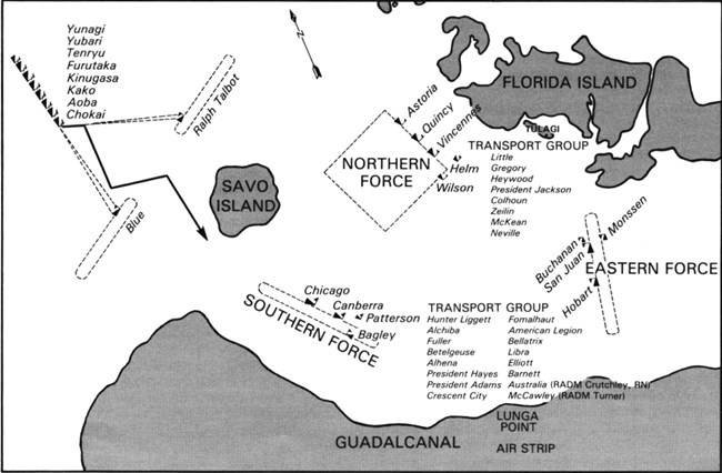 A map of Japanese and Allied ship locations at the start of the Battle of Savo Island, August 9th, 1942.