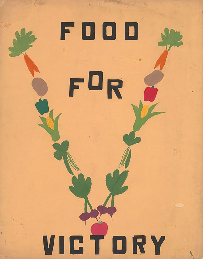 Graphic color poster featuring painted vegetables arranged in the shape of a "V" for "Victory." Lettering in black capital letters reads “Food for Victory.”