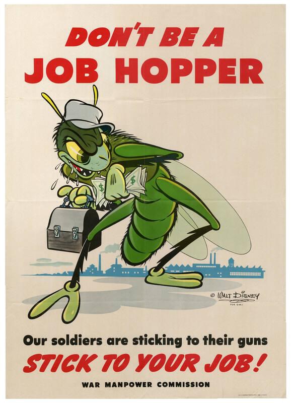 Illustrative color poster. A large creature that looks like a grasshopper clutches a fistful of dollars and a lunch box as it steps away from a bustling factory.