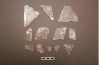 Selenite artifacts recovered from sites along the trails. Selenite artifacts recovered from sites along the trails.