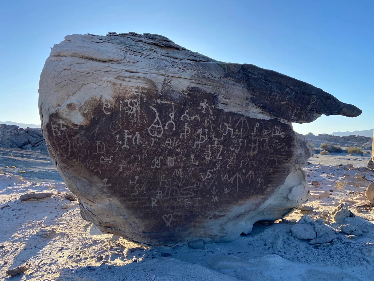 Image F Photo of a large boulder with rock art inscriptions.