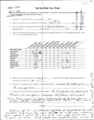 Two people with “orthopedic disabilities” filled out form. Recommend “increased disabled parking at campsites” and an assistance protocol to help get luggage to and from Curry cabins. Wrote “staff was wonderful, just unsure how to go about getting help.”