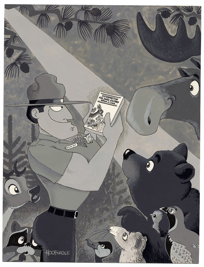 Cartoon of a macho ranger looking at a book, surrounded by animals in the forest.