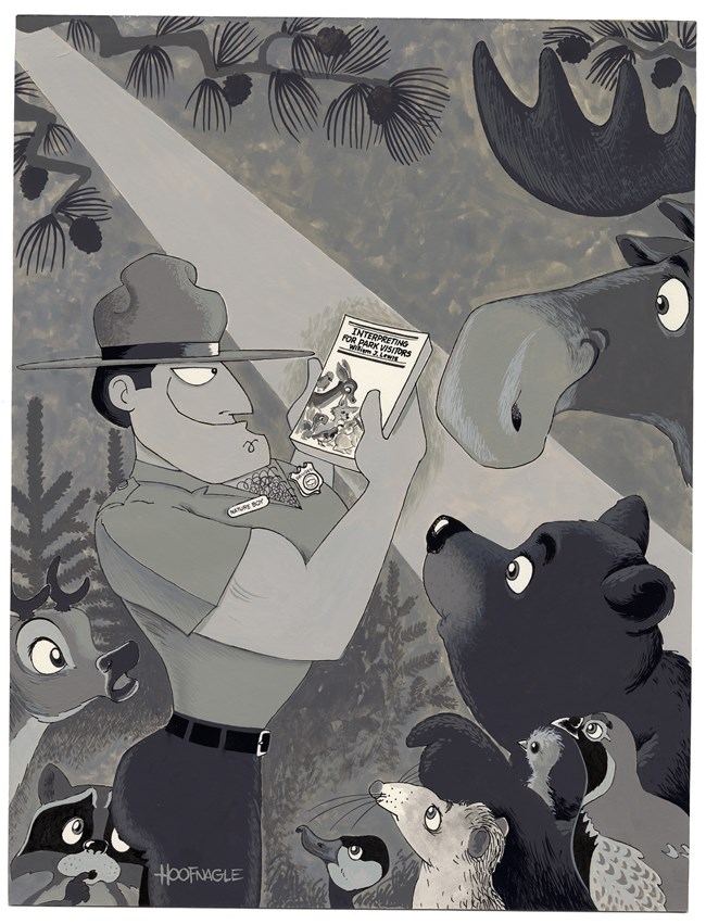 Nature Boy. Cartoon of a macho ranger looking at a book, surrounded by animals in the forest.