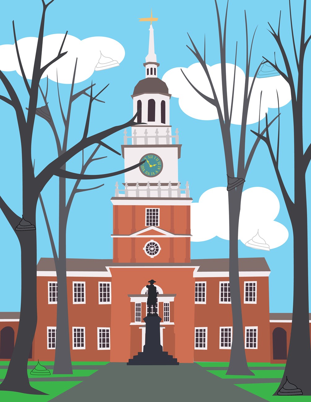 Illustration of Independence Hall, a red brick building with steeple and clock, set against a blue sky with piles of dog waste hidden in the picture.