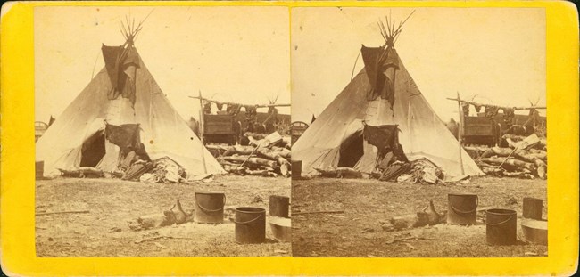 Historical photograph of a teepee with a woman sitting outside, illustrating traditional Indigenous living structures