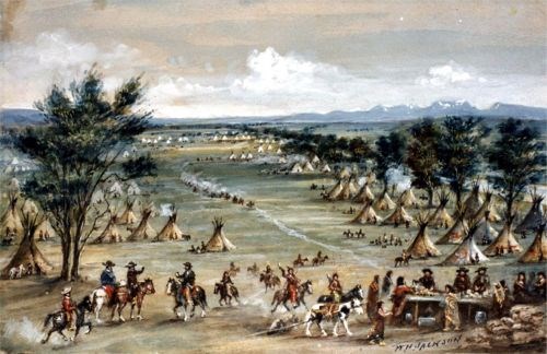 Rendezvous A watercolor painting of many teepees and groups of people in a valley.