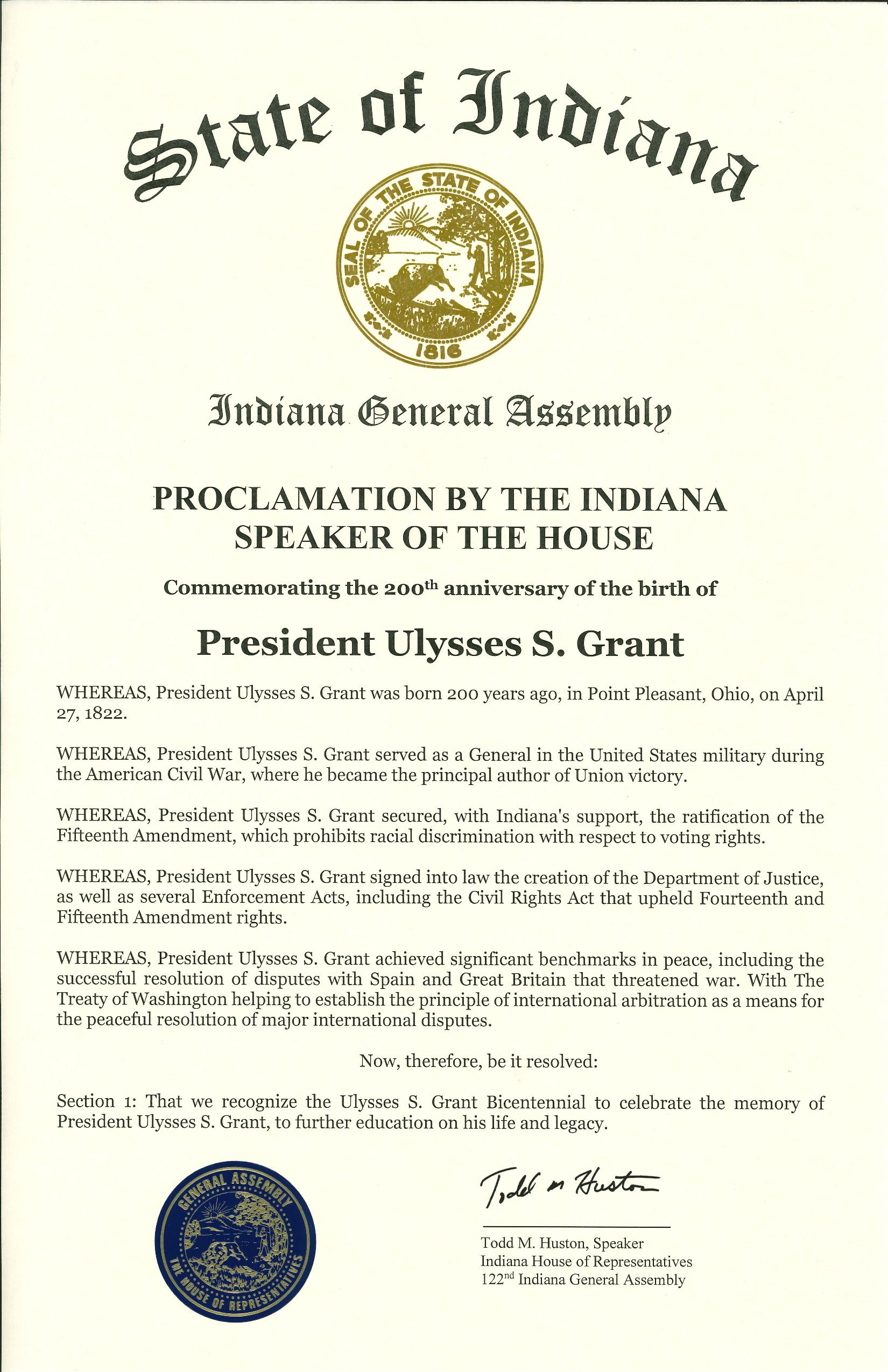 Message from Indiana honoring Grant's 200th birthday. Seal of Indiana is placed in the top center of the page