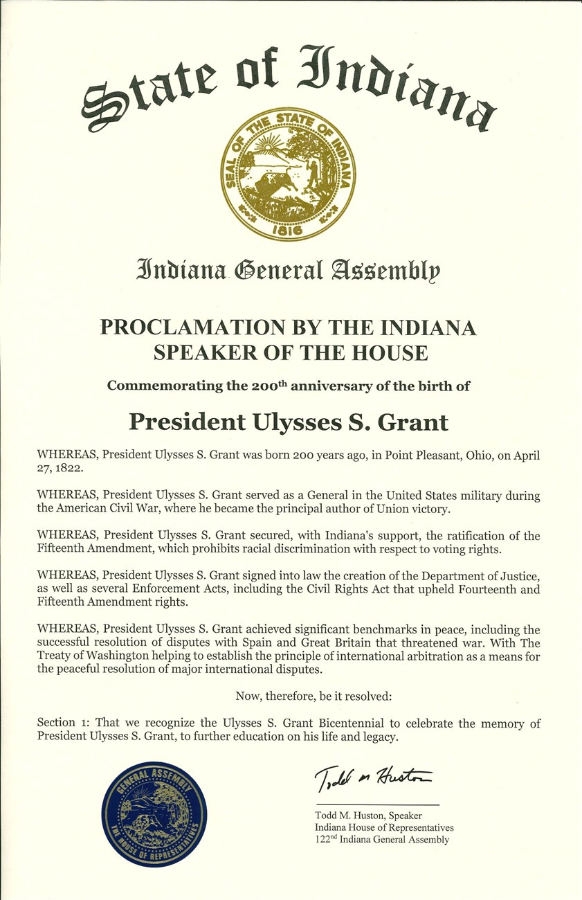 Message from Indiana honoring Grant's 200th birthday. Seal of Indiana is placed in the top center of the page