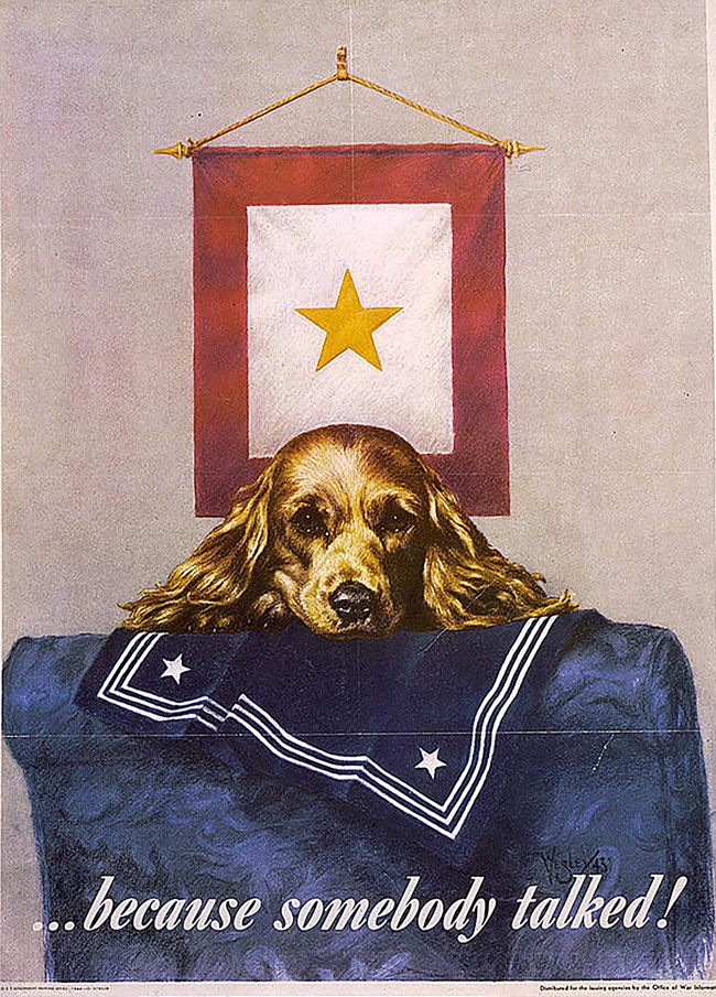Illustrative color poster. A blonde cocker spaniel dog, with a sad face, peers over the back of a blue char draped with part of a US Navy uniform. Behind, a banner with red border and gold star against a white background hangs on the wall.