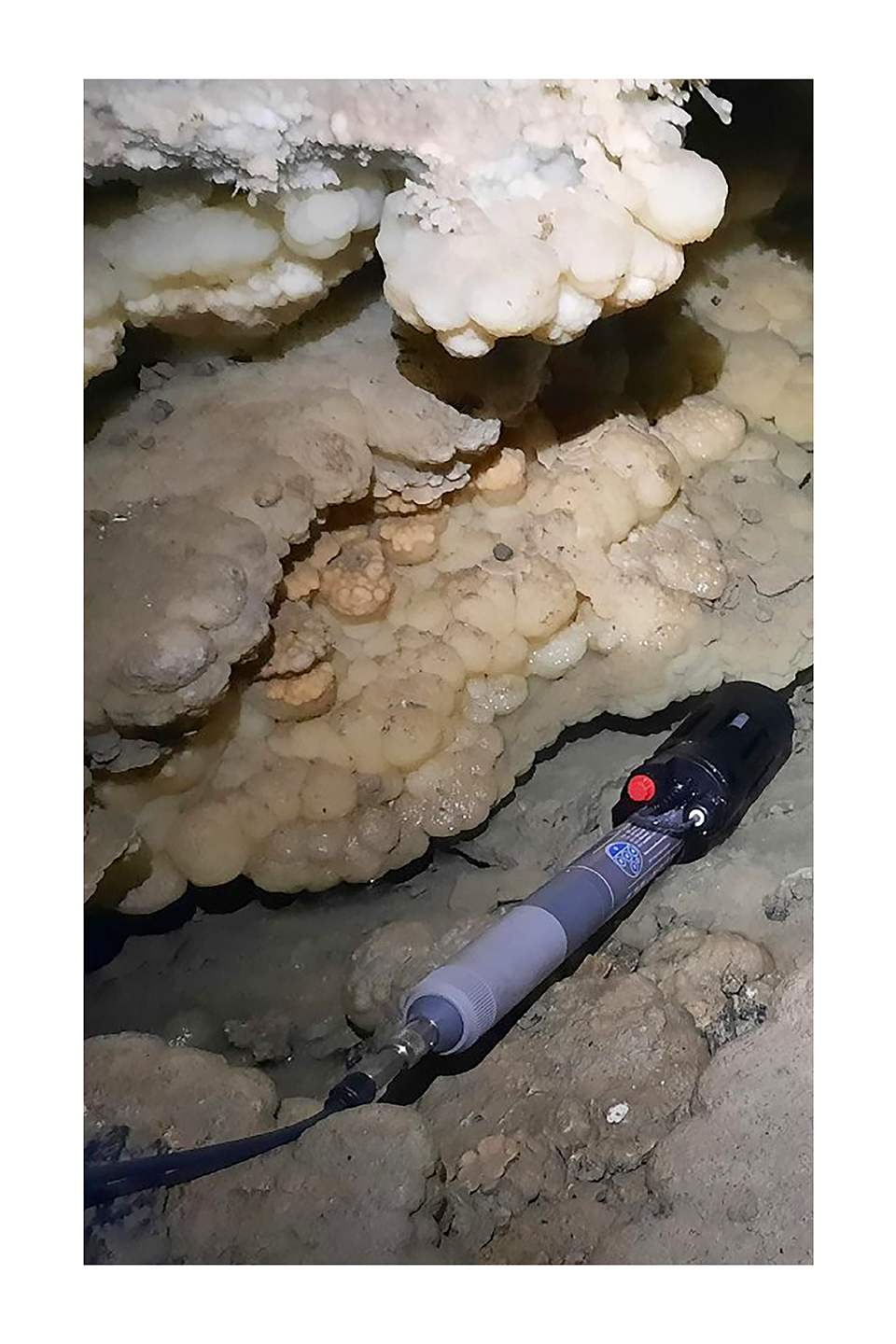 Instrument for measuring water quality surrounded by cave formations