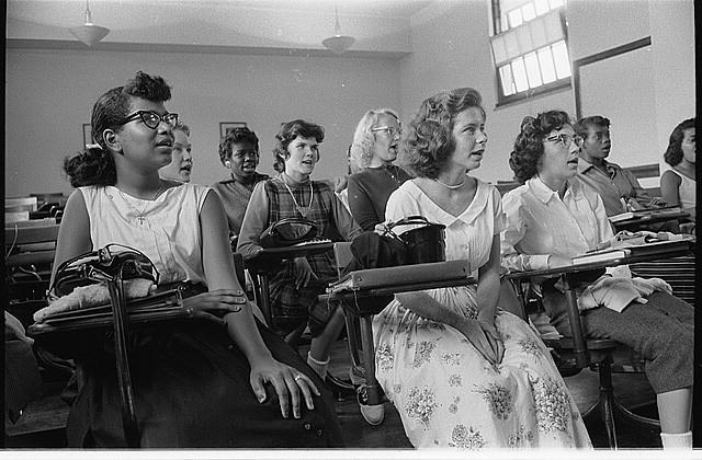 Integrated classroom with Black and White female students at Anacostia High School, Washington, D.C