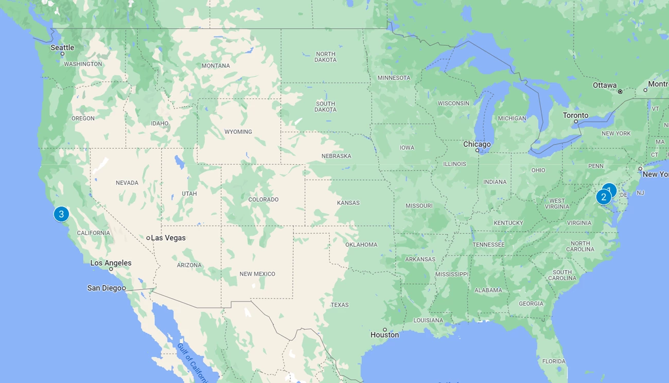 Places of Pan-American Feminism and International Organizations map Map of the United States with numbered points representing the featured places