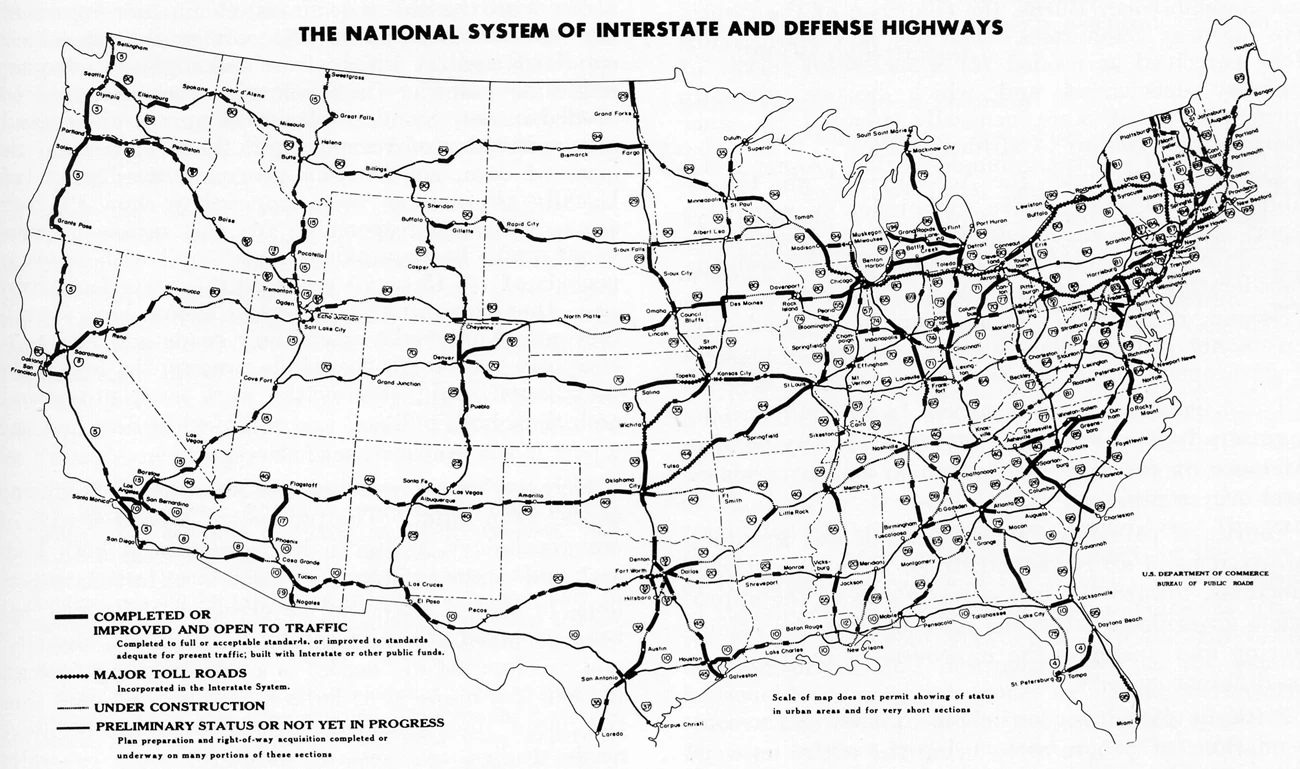 A black and white map of the USA showing interstate highways in 1963. A black and white map of the USA showing interstate highways in 1963.