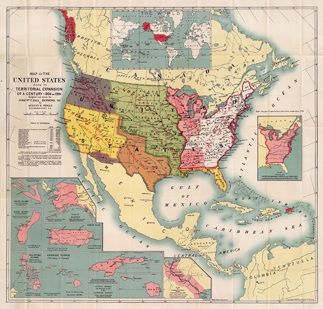 Color US map of the continent plus 12 inset maps: Wake Island, Alaska, Guam Island, Puerto Rico, Philippines, Hawaii, Tutuila, Manua and smaller islands of the Samoan Group, and Plan of Panama Canal Zone.