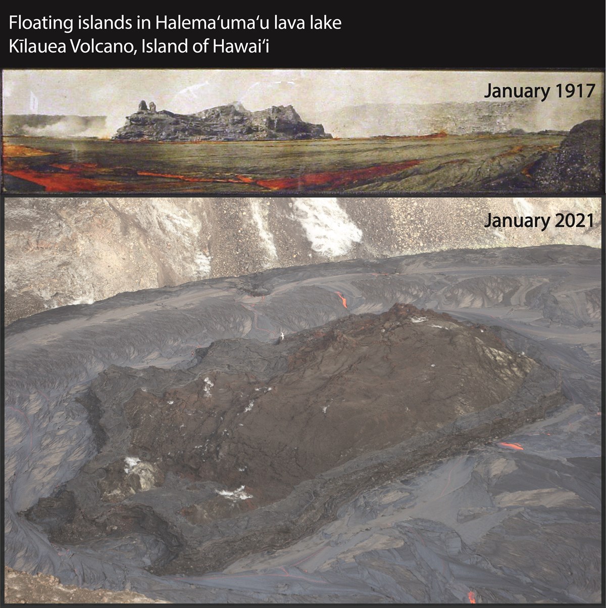 photo illustration of floating islands of hardened lava on a lava lake shown in 1917 and 2021