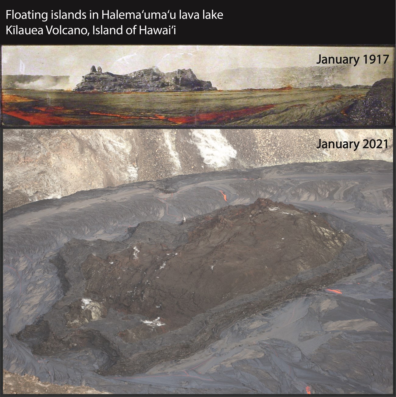 Islands photo illustration of floating islands of hardened lava on a lava lake shown in 1917 and 2021