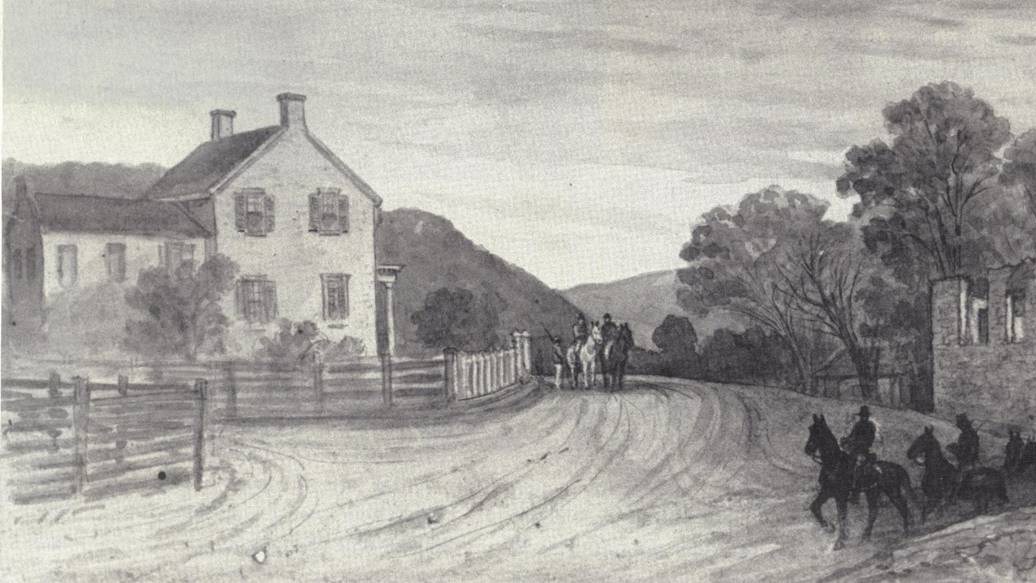 Historic sketch of a country road with a large house on the left and trees on the right. Soldier riding horses travel down the road.